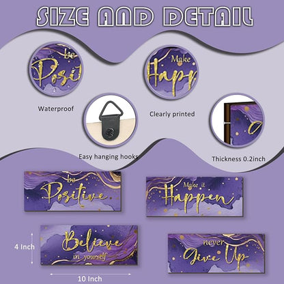 4 Piece Purple and Gold Wall Decor Set Motivational Wall Decor Inspirational Wooden Signs for Bedroom Bathroom Women’s Office Abstract Elegant Art for Home or Office Decoration 10X4 Inches