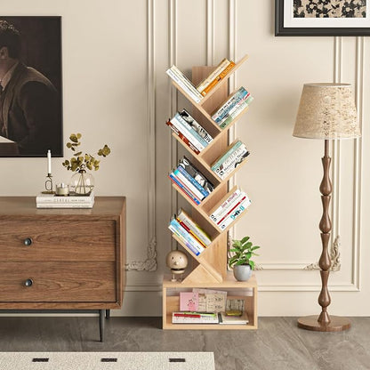 SHEEPAM 9 Tier Tree Bookshelf,Christmas Green Bookcase for Narrow Space, Storage Organizer Floor Standing Bookshelves for Books, Tall Book Case for Home Office, Living Room, Bedroom