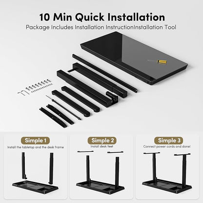 BANTI Electric Standing Desk with Drawers, 55 inch Whole-Piece Glass Desktop, Height Adjustable Stand up Sit Stand Home Office Ergonomic Workstation, Black Tabletop