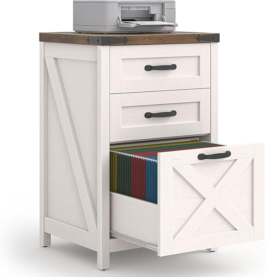 Halitaa 3 Drawer Small File Cabinet, Farmhouse Vertical Filing Cabinet Fits Letter and A4 Size, Under Desk Wooden File Cabinets for Home Office, Printer Stand, Rustic White and Brown