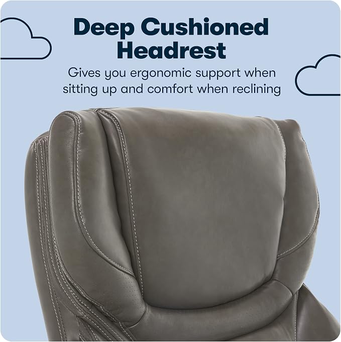 Serta Conway Big & Tall Executive Office Chair, Ergonomic High-Back with Adjustable Lumbar, Semi Plush Cushion and Body Pillows, Padded Armrests, Wooden Swivel Base, Bonded Leather, Gray