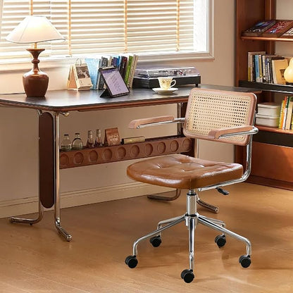 Zesthouse Leather Office Desk Chair with Wheels, Mid Century Rolling Desk Chair with Wood Arm & Natural Rattan Back, Modern Swivel Home Office Chair, Small Height Adjustable Computer Task Chair, Brown