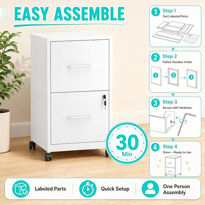 SAWJEC 2 Drawer Metal File Cabinet with Lock, White Mobile Filing Cabinet for Home Office, Assembly Required, Vertical Locking File Cabinet with Letter Size Hanging Files, 17.7" D x 15.0" W x 26.8" H