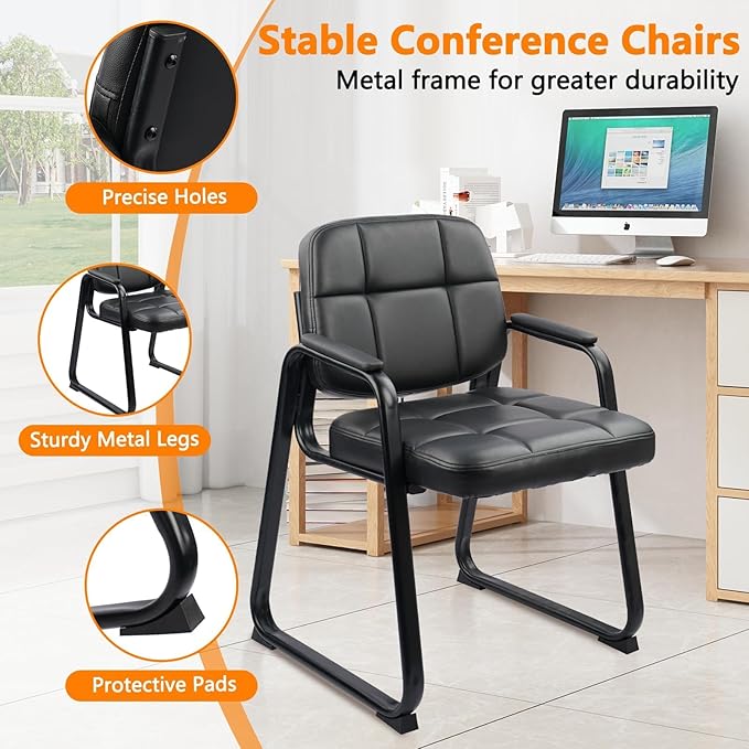 CLATINA Waiting Room Chairs no Wheels with Padded Arms Leather Guest Chair for Office Reception and Conference Desk with Sled Base Black, 6PK