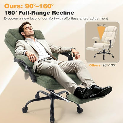 400lbs Reclining Office Desk Chair with Footrest, Mid-Century Modern Plus Size Green Leather Recliner Office Chairs