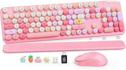 Wireless Keyboard and Mouse Combo, Cute Retro Typewriter Keyboard with Round Keycaps and Magnetic Wrist Rest, Full-Size 2.4GHz Cordless for Mac, Windows PC, Laptop, SABLUTE CK23, Pink Multi-Color