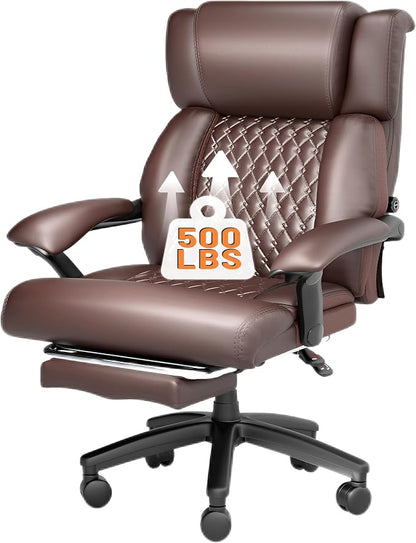 HOMREST Big and Tall Office Chair, Brown | 500lbs Heavy Duty, Adjustable Lumbar Support & Backrest, Ergonomic Executive Leather, Wide Armrests and Wheels