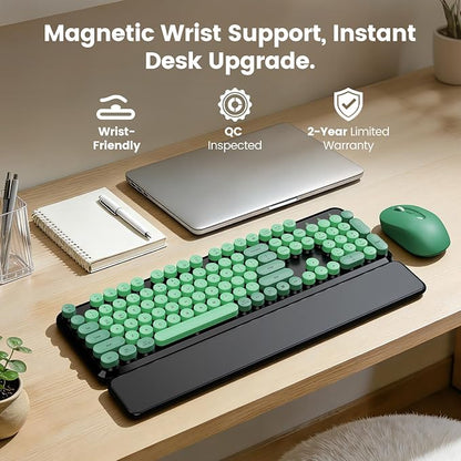 Wireless Keyboard and Mouse Combo with Magnetic Wrist Rest, Round Keycaps, Full-Size Retro Typewriter-Style Keyboard, Tilt Legs, Auto-Sleep, 2.4GHz Wireless for Windows PC Laptop, Forest Green & Black