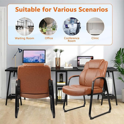 CLATINA Big Tall 500 LB Wide Guest Chairs Heavy Duty, Leather Side Reception Chairs with Sled Base and Arms, Executive Office Desk Chair No Wheels for Meeting Conference Waiting Room Home, Brown 4 PK