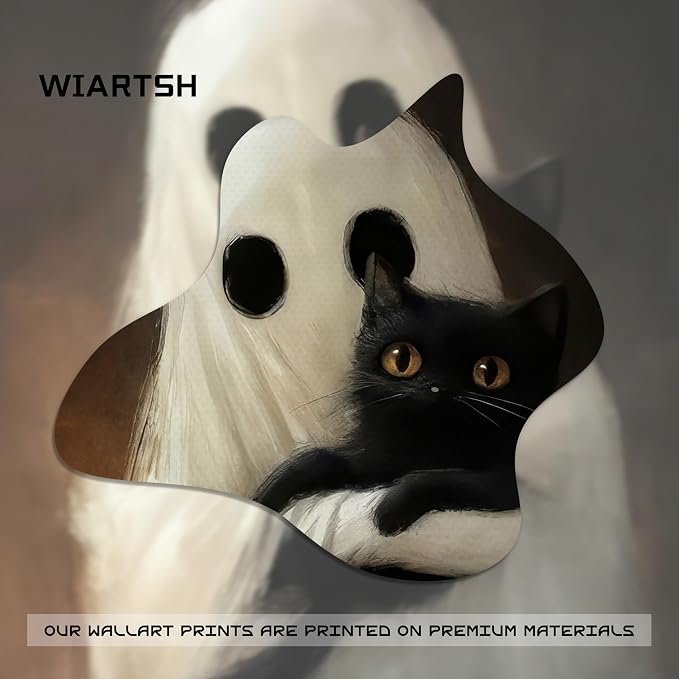 Framed Vintage Halloween Ghost Wall Art, Cute Ghost Hugging Black Cat Canvas Print, Cozy Dark Academia Gothic Halloween Decor for Living Room Bedroom, 12x16in Wood Frame