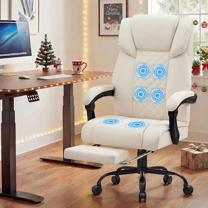 HOFFREE 400lbs Massage Office Chair with Foot Rest 6 Points Vibration Ergonomic Executive Office Chair Reclining High Back Computer Desk Chairs Beige