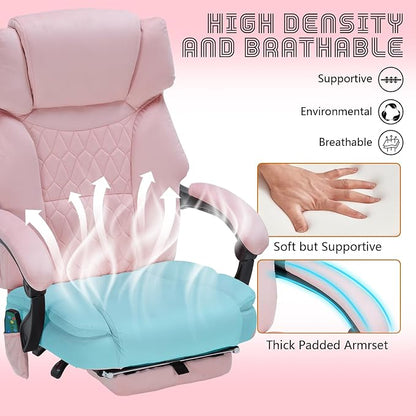 Massage Office Chair with Foot Rest 6 Points Vibration and Heat Home Office Desk Chairs for Heavy People 400lbs Reclining Managerial Chairs Ergonomic Executive Chair (Pink)