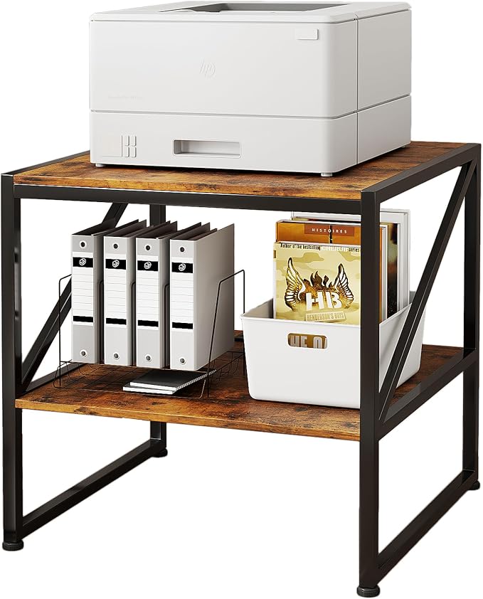 2-Tier Large Priner Stand with Storage Shelf, 20"×20" Under Desk Printer Table for Office, Mini Fridge Stand, End Table for Living Room, Heavy Duty Storage Rack for Scanner Fax Machine, Rustic Brown