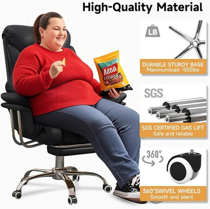 Big and Tall Office Chair 550 lbs Extra Wide Leather Executive Chair with Retractable Footrest, Heavy-Duty Ergonomic Chair, Adjustable Height Computer Gaming Chairs