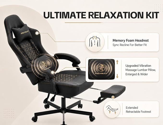 Office Desk Computer Gaming Chair for Adults, Ergonomic High Back Gamer Chair with Massage and Pocket Spring Cushion, Swivel Comfy Video Game Chairs with Footrest and Lumbar Support (Pro Black)