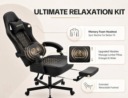 Office Desk Computer Gaming Chair for Adults, Ergonomic High Back Gamer Chair with Massage and Pocket Spring Cushion, Swivel Comfy Video Game Chairs with Footrest and Lumbar Support (Pro Black)