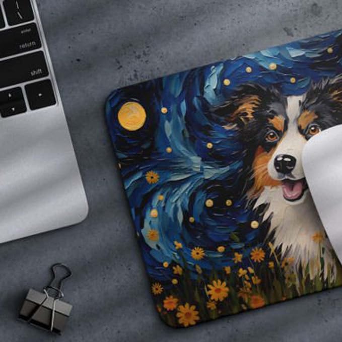 Tubbie Prints Starry Night Dog Mouse Pad for Home Office Gaming Working Desk Computer Desktop Accessories Non-Slip Rubber Mouse Pad for Dog Lovers (Australian Shepherd)