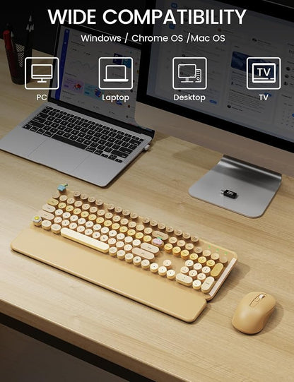 Wireless Keyboard and Mouse Combo, Typewriter Keyboard with Detachable Wrist Rest, Full-Size Retro Round Keycaps, Smart-Sleep, 2.4GHz Stable Connection for Mac/Windows/PC, Trueque (Ombre Latte Beige)