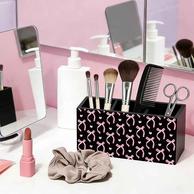 Pink and Black Bow Pen Pencil Holder for Desk Accessories Decor | Office Accessories for Women, Pink and Black Bow Pen Pencil Wooden Organizer Decorations for Dorm Room Bedroom Tabletop Desk
