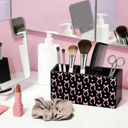 Pink and Black Bow Pen Pencil Holder for Desk Accessories Decor | Office Accessories for Women, Pink and Black Bow Pen Pencil Wooden Organizer Decorations for Dorm Room Bedroom Tabletop Desk