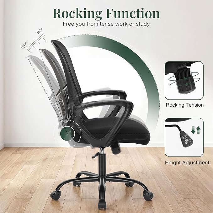 Home Office Desk Chair, Ergonomic Mid-Back Mesh Computer Task Chair with Comfortable Lumbar Support, Height Adjustable Swivel with Fixed Armrest for Adults, Student, Black