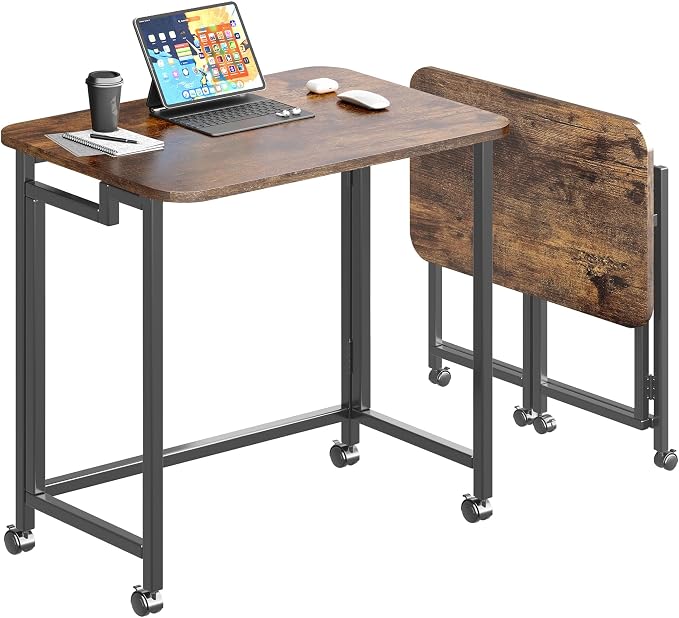 JSB Folding Desk for Small Spaces,Mobile Portable Rolling Laptop PC Table on Wheels,Foldable Computer Desk for Home Office,Bedroom,Dorm,Space Saving (Rustic & Brown, 27.6")