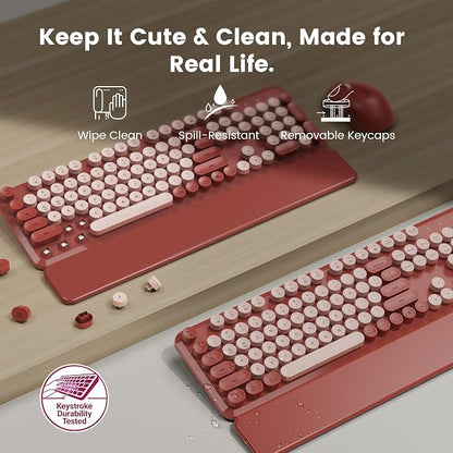Wireless Keyboard and Mouse Combo with Magnetic Wrist Rest, Round Keycaps, Full-Size Retro Typewriter-Style Keyboard, Two-Stage Tilt Legs, Auto-Sleep, 2.4GHz Wireless for Windows PC Laptop, Wine Red