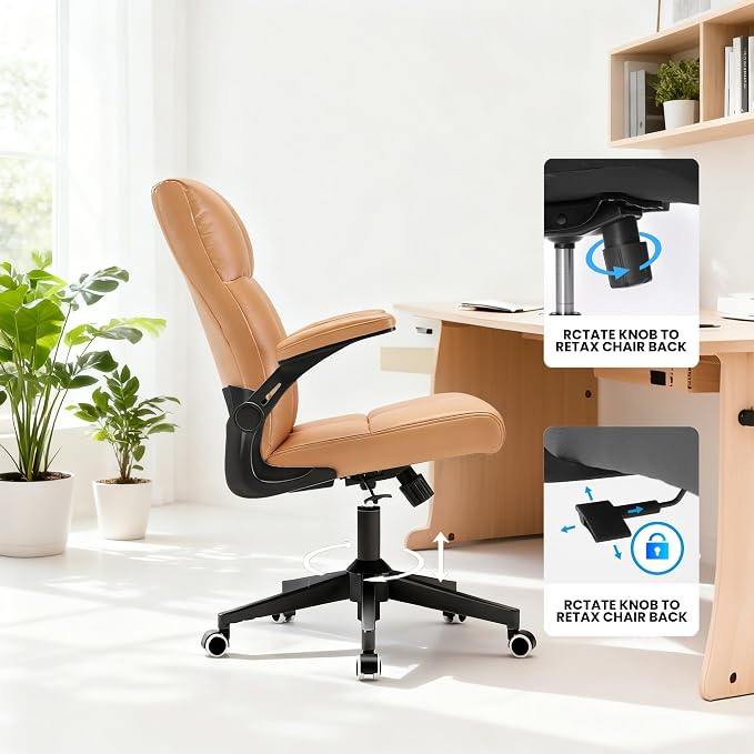 balmstar Leather Office Chair Computer Desk Chair, 360° Swivel Rolling Wheels, Adjustable Tilt Angle 90°-135° with Lumbar Support Executive Chair for Home Office, Working with 300LBS Capacity(Brown)