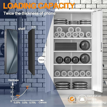71" H Tall Metal Storage Cabinet with Lock and 5 Adjustable Shelves, Metal Garage Storage Cabinet for Home, Office, Garage, Warehouse Organize, White