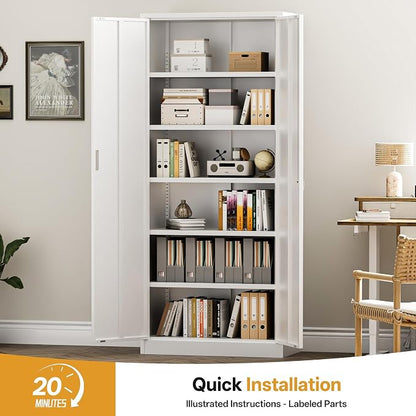 Metal Garage Storage Cabinets,71” Tall Metal File Cabinet with 5 Adjustable Shelves, Lockable Storage Cabinets for Office, Home, Garage, Warehouse 71" H x 32" W x 16" D (White)