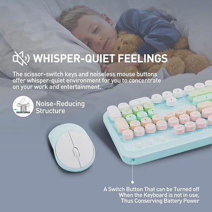 Wireless Keyboards Mouse Combos, Colorful Cute Typewriter Full-Size Retro Round Keycaps, 2.4GHz Cordless Sleep Mode Office Quiet Wireless Keyboard and Mouse Set for Desktop Laptop PC Computer