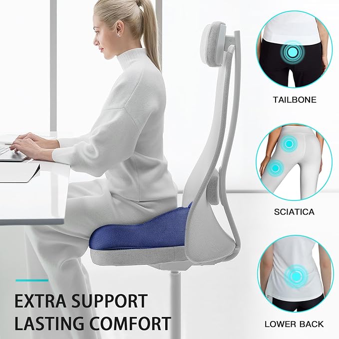 Benazcap X Large Memory Seat Cushion for Office Chair Sciatica & Back Pain Relief Memory Foam Firm Coccyx Pad for Car, Wheelchair, Gaming Chair and Desk Chair, Blue