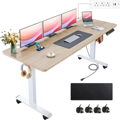 farexon Electric Standing Desk 63 x 24In with Power Outlets, Adjustable Height Stand up Desk with Large Mouse Pad, Double Hooks and 4 Wheels, 27''-46'' Lifting Range, Easy to Set for Home/Office(Oak)
