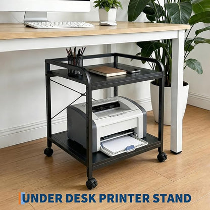 GarveeHome Under Desk Printer Stand, 20" Deep Large Printer Table with Height Adjustable Storage Shelf, 2 Tier Rolling Printer Cart with Wheels for Home Office, Black