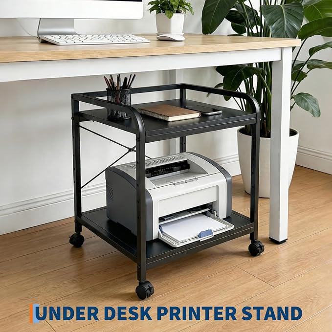 2 Tier Large Printer Stand, 20 Inches Deep Under Desk Printer Table with Height Adjustable Shelf, Rolling Printer Cart with Wheels for Home Office Storage - Black