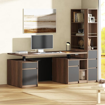 ModernMate Furniture Set, 70.8'' Executive Standing Desk with 71'' Tall Bookcase, AC/USB, File Cabinet, Double-Sided Narrow Display Shelves, Home Office Wood Storage Furniture, Black Walnut