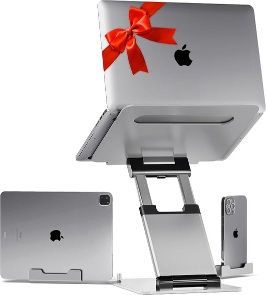 Lifelong Adjustable Laptop Stand for Desk, Ergonomic Aluminum Laptop Riser, Portable Foldable Computer Stand, Height up to 20”, Fits 10-17” Laptops for Desk-Mounted with Phone & Tablet Holder