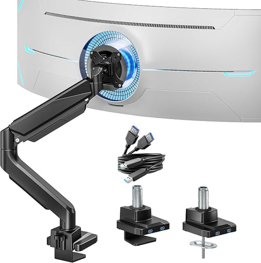 ARES WING Ultrawide Monitor Arm, Heavy Duty Single Monitor Mount for 13"-49" Curved Screens with USB, Adjustable Stand for Desk with C-clamp & Grommet Base up to 40 LBS, Black