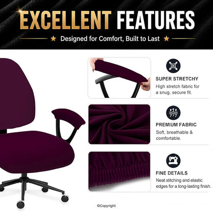Stretchable Desk Office Chair Seat Covers - Universal Spandex Computer Chair Slipcover - Removable Washable Rotating Backrest Coverings & Cushion Protectors & Armrest Covers for Dogs, Cats, Pets, Plum