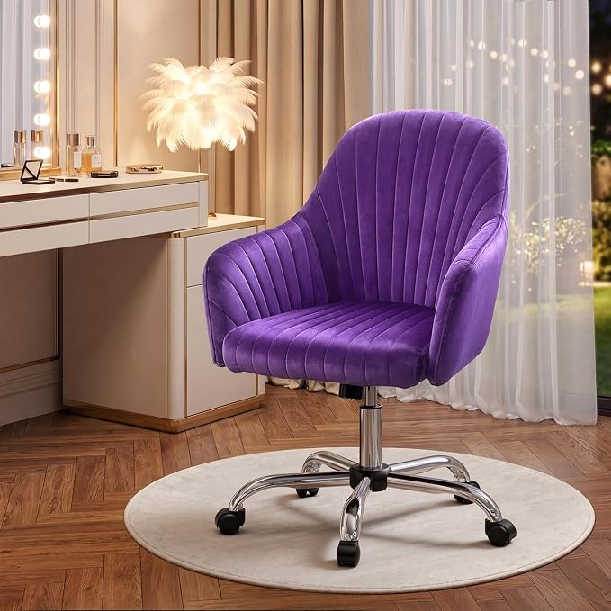 Warmiehomy Vanity Chair, Velvet Home Office Desk Chairs, Comfy Ergonomic Office Chair, Makeup Computer Chair with Arm Rest, Velvet Plum Purple