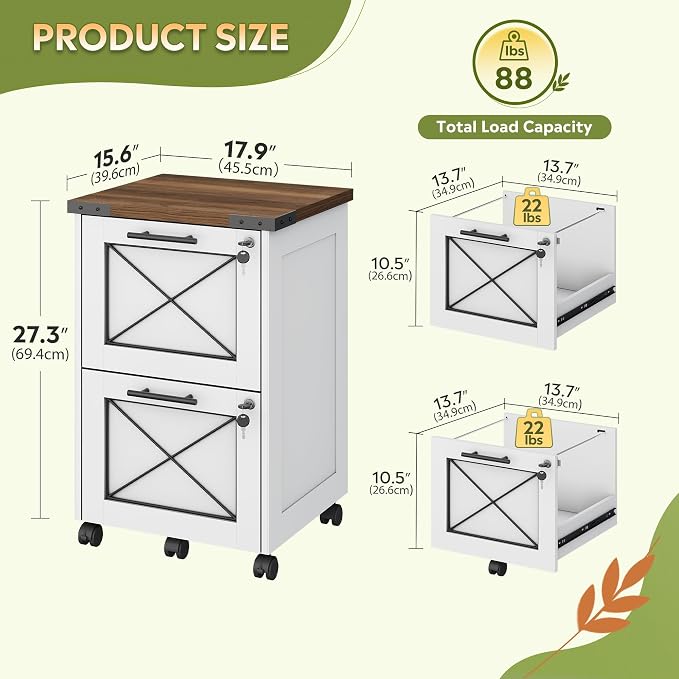 DEVAISE 2 Drawer File Cabinet with Hanging Files, Mobile Rolling Storage Cabinet for Home Office, Under Desk Filing Cabinet with Lock, Printer Stand, White