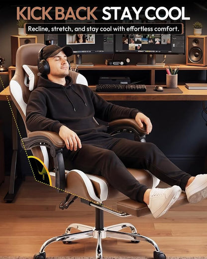 Dowinx Ergonomic Gaming Chair with Footrest & Massage Lumbar, 2D-Linkage Armrests for Computer Chair 330lbs with Headrest Pillow for Office, Home, Streaming and Long Gaming Sessions, Fabric Brown
