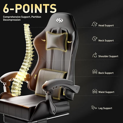 HLDIRECT Gaming Chair, Ergonomic Computer Office Chair with Lumbar Support Footrest Headrest, Adjustable Height & Backrest Angle Video Gamer Chair, PU Leather, 360° Swivel, Adult (Black)