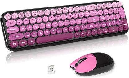 Wireless Keyboard and Mouse Combo, Meidosa 2.4GHz Colorful Full-Size Retro Typewriter Keyboard with Cat Shape 3 Level Adjustable Optical Mouse for PC/Desktop/Laptop/Windows (Black Pink)