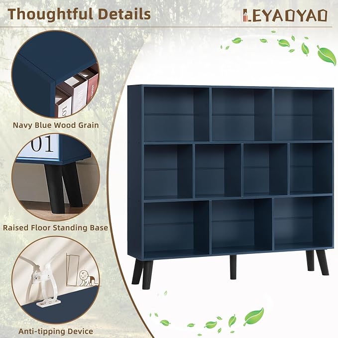 LEYAOYAO 10 Cube Bookshelf,3 Tier Modern Wide Bookcase with Legs,Mid-Century Wood Bookshelves Storage,Dark Blue Large Book Case,Freestanding Organizer Display Shelf for Bedroom,Living Room,Office