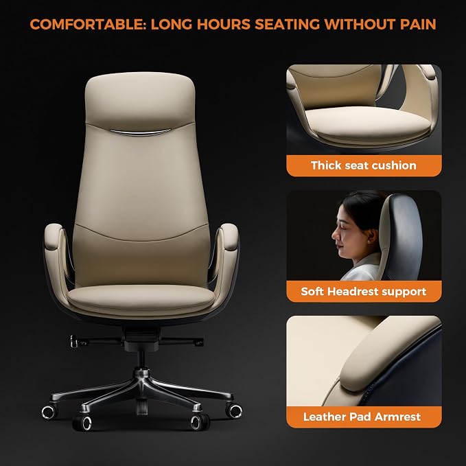 TOMU Genuine Top Grain Leather Office Chair Cream, Ergonomic Executive Chair High Back for Long Hours,Big and Tall Luxury Office Chair with Wheels, Aluminum Base and Armrest (Cream)