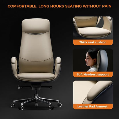 TOMU Genuine Top Grain Leather Office Chair Cream, Ergonomic Executive Chair High Back for Long Hours,Big and Tall Luxury Office Chair with Wheels, Aluminum Base and Armrest (Cream)