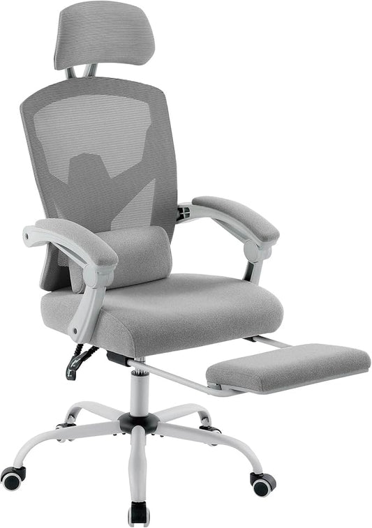 DUMOS Home Office Desk Chair with Footrest, High-Back Mesh Rolling Swivel Reclining Chairs with Wheels, Comfortable Headrest, Lumbar Support, Comfy Arms for Home, Office, Gaming, Student,Elegant Grey