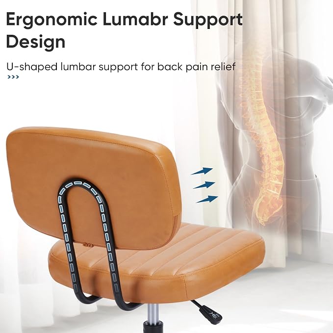 DUMOS Small Office Desk Chair - Armless PU Leather with Comfy Lumbar Support, Height Adjustable Rolling Swivel Task for No Arms, for Adult, Student, Bedroom, Home, Vanity, Brown