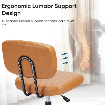 DUMOS Armless Small Home Office Desk Chair - Vanity Task Chair with Low Back, Height Adjustable PU Leather Swivel with 360° Rolling Wheels, Vanity, Bedroom, Deep Brown